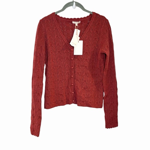 Skies Are Blue Sweaters - Skies Are Blue Pointelle Knit Scallop Detail Cardigan Burnt Orange Stitch Fix S‎
